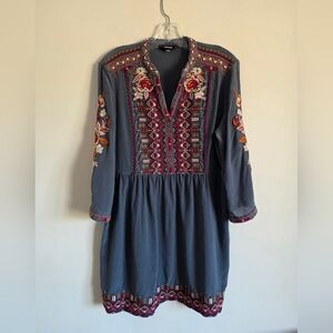 JOHNNY WAS | Silk Dress Embroidered Floral Teal Blue Sz M